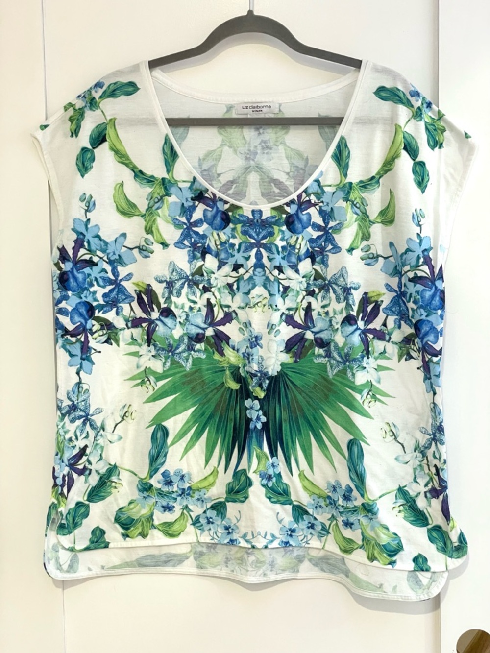 ☀️☀️2/$10 Liz Claiborne Cap Sleeve Graphic Boxy Blouse | Sz 1X | EUC